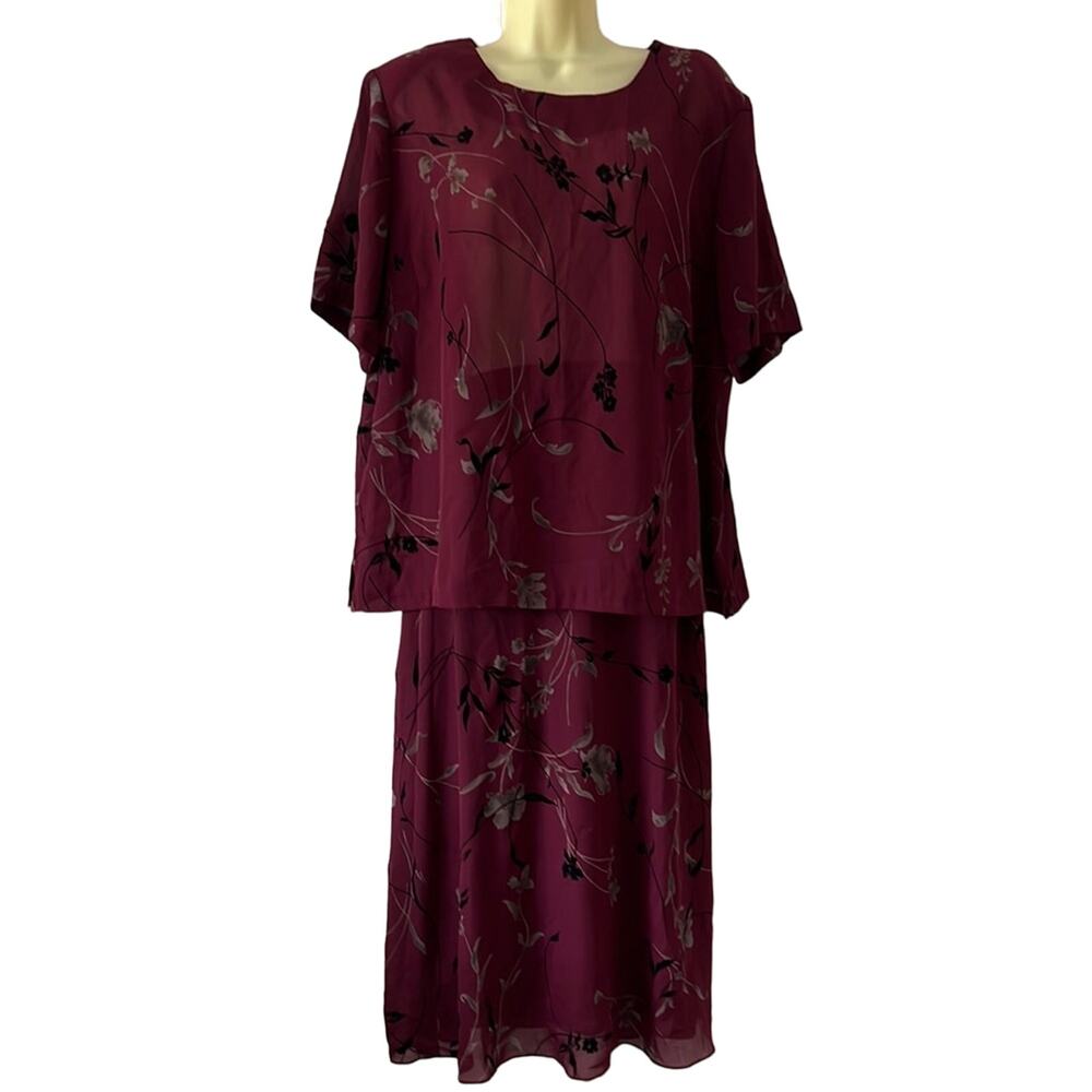 Vtg MW Modern Woman Size 18 20W Wine Red Print Flocked 2 Pc Maxi Skirt Blouse